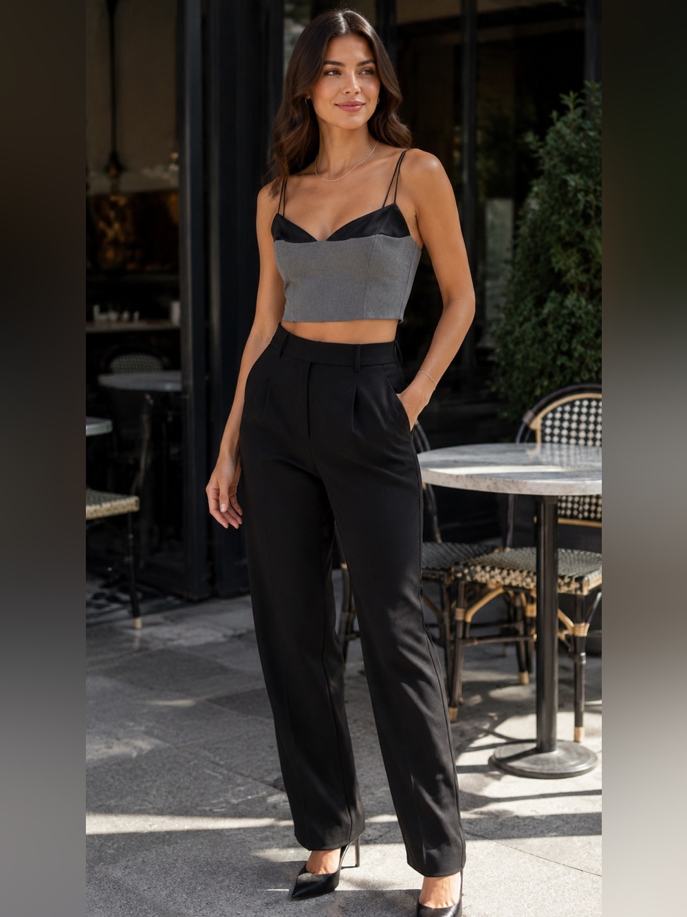 Zara Gray Cropped Cami with Black Trim and Thin Straps